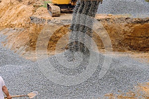 A excavator in a working to gravel construction equipment for foundation construction