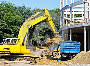 Excavator works at the construction site
