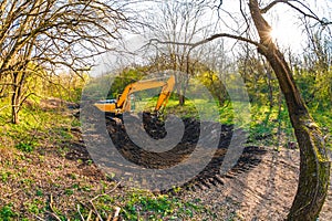 The excavator works in the field against the background of the forest