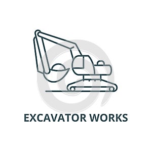 Excavator works vector line icon, linear concept, outline sign, symbol