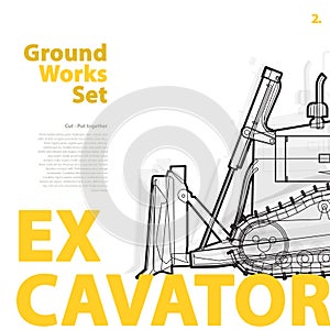 Excavator - yellow and orange typography set of ground works machines vehicles.