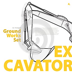 Excavator - yellow and orange typography set of ground works machines vehicles.