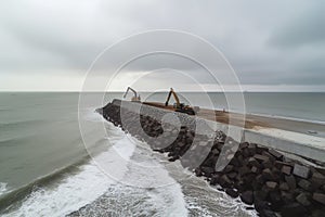 Excavators are building a seawall from concrete blocks to protect the coastal. Generative Ai