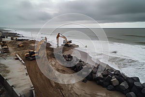 Excavators are building a seawall from concrete blocks to protect the coastal. Generative Ai