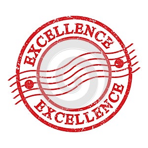 EXCELLENCE, text written on red postal stamp
