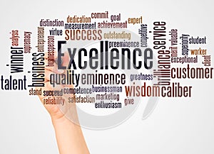 Excellence word cloud and hand with marker concept