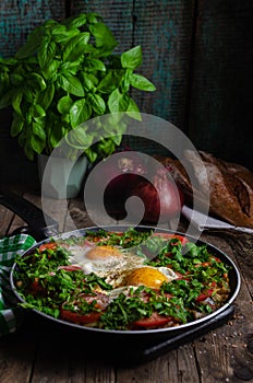 Excellent breakfast lunch - shakshuka. Fried eggs with vegetables in a frying pan