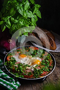 Excellent breakfast lunch - shakshuka. Fried eggs with vegetables in a frying pan