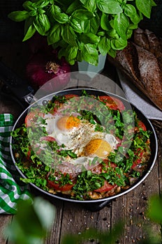 Excellent breakfast lunch - shakshuka. Fried eggs with vegetables in a frying pan