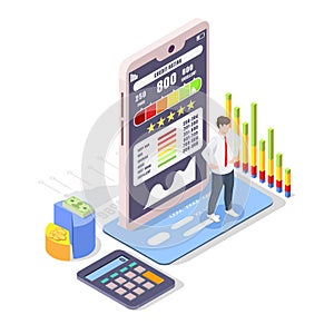 Excellent credit score, high personal credit rating online report, isometric flat vector illustration.