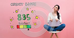 Excellent credit score theme with woman using a laptop