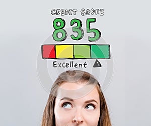 Excellent credit score theme with young woman