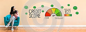 Excellent credit score with woman using a tablet