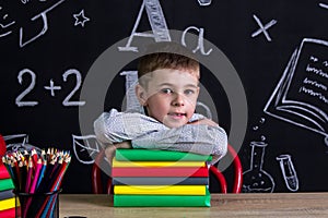 Excellent cute schoolboy sitting at the desk with a pile of books under the chin, surrounded with school supplies