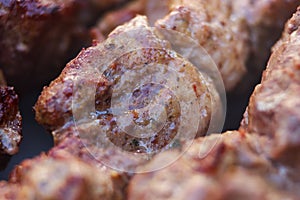 Excellent fresh juicy pieces of meat shish kebab fry on charcoal grill.