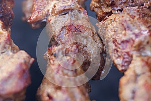 Excellent fresh juicy pieces of meat shish kebab fry on charcoal grill.