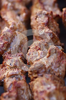 Excellent fresh juicy pieces of meat shish kebab fry on charcoal grill.