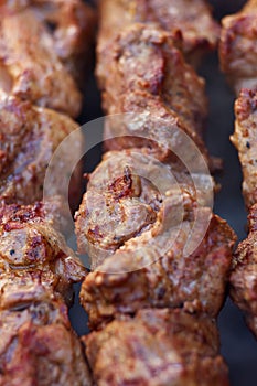 Excellent fresh juicy pieces of meat shish kebab fry on charcoal grill.