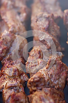 Excellent fresh juicy pieces of meat shish kebab fry on charcoal grill.