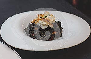 An excellent gourmet dish of seafood paella with squid ink and black rice