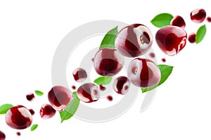 Excellent retouched cherry berries with leaves fly in space forming a chain shape. Isolated on white