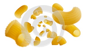 Excellent retouched Italian pasta flies and levitates in space. Isolated on white