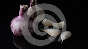 Excellent side view close up of fresh young head of garlic. Frame. Close-up of garlic on black background