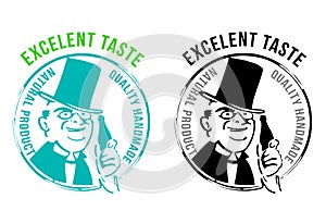Excellent taste drink symbols, food and man hat silhouettes, quality handmade, vector collection images, label