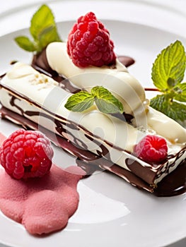 Exceptional dessert: white and dark chocolate cannelloni with delicate mascarpone mousse and fresh raspberries