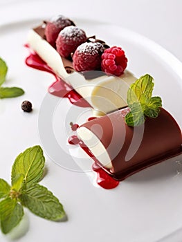An exceptional treat: white and dark chocolate cannelloni with delicate mascarpone mousse and fresh raspberries