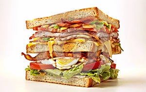 Exceptionally tall Club sandwich, featuring a ingredients layered between slices of white bread. This includes bacon, lettuce,