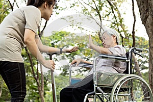 Excessive afraid in senior woman patients rejecting,gesture hand NO,female elderly who refuses to walk,asian old people fear of