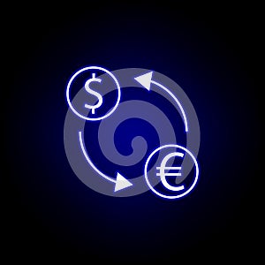 exchange arrow dollar euro icon in neon style. Element of finance illustration. Signs and symbols icon can be used for web, logo,