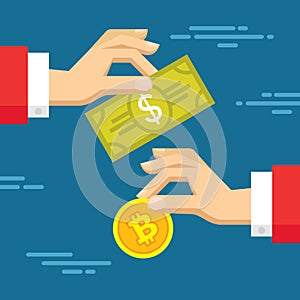 Exchange of digital currency bitcoin and dollar - vector concept illustration in flat style. Human hands banner.