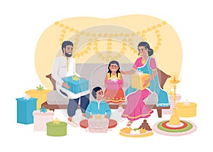 Exchange gifts tradition on Diwali 2D vector isolated illustration