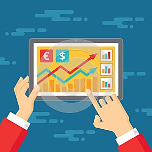 Exchange rates. Human hands and tablet vector concept illustration in flat style design