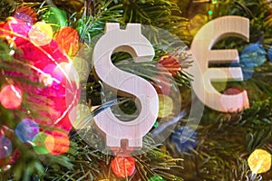 Exchange rating. Euro, Dollar on Green Christmas tree with red vintage ball decorations