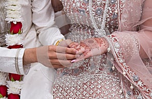 Exchange of wedding rings on Asian wedding