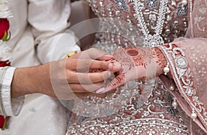 Exchange of wedding rings on Asian wedding