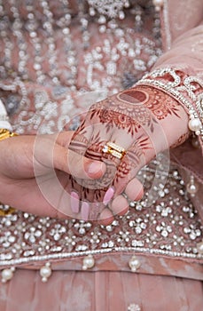 Exchange of wedding rings on Asian wedding