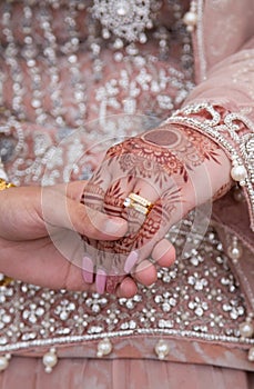 Exchange of wedding rings on Asian wedding