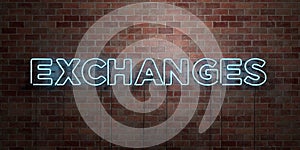 EXCHANGES - fluorescent Neon tube Sign on brickwork - Front view - 3D rendered royalty free stock picture