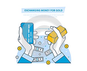 Exchanging money for gold concept. Buying gold. Financial transaction.