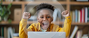 Excited African American School Boy Enthusiastically Participating In Remote Home Education