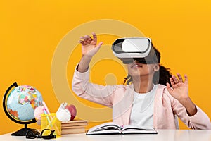 Excited African American School Girl Wearing Virtual Reality Glasses