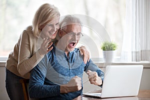 Excited aged wife and husband looking on computer screen photo