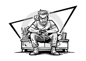 excited angry guy holding game pad playing games vector cartoon drawing outline