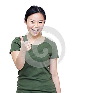 Excited asia woman two hand with thumb up
