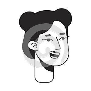 Excited asian girl with two buns hairstyle monochrome flat linear character head