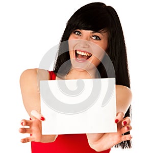 Excited beautiful young woman showing a blank paper isolated
